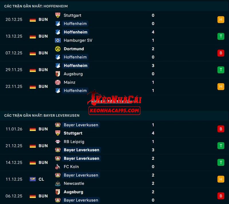 Phong độ gần đây của Hoffenheim vs Leverkusen Phong độ gần đây của Hoffenheim vs Leverkusen